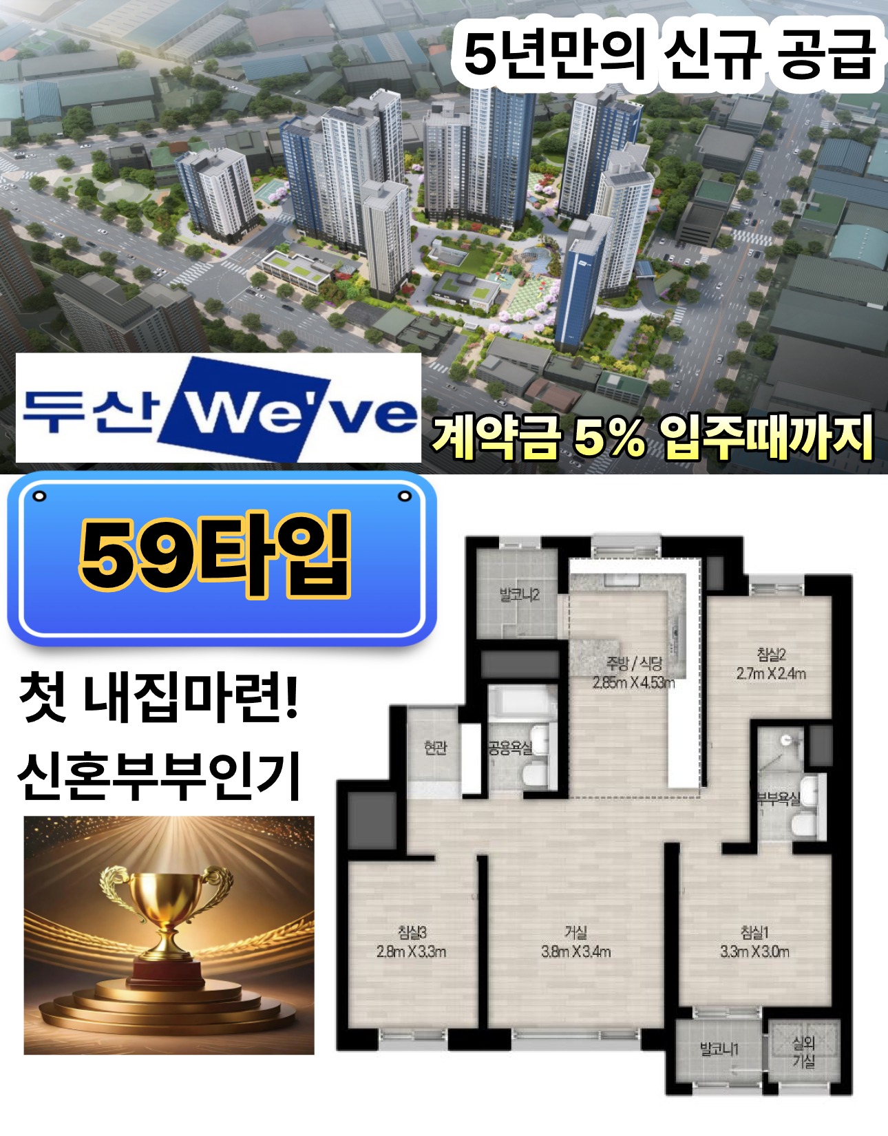 두산 We've 59타입 - 5년만의 신규 공급, 계약금 5% 입주패키지, 첫 내집마련 신혼부부인기